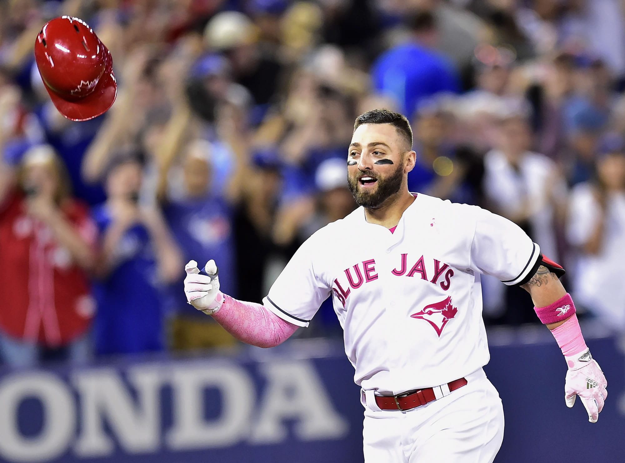 Toronto Blue Jays outfielder Kevin Pillar (11) celebrates his game winning home run against the Seattle Mariners during ninth inning American League baseball action in Toronto, Sunday, May 14, 2017.