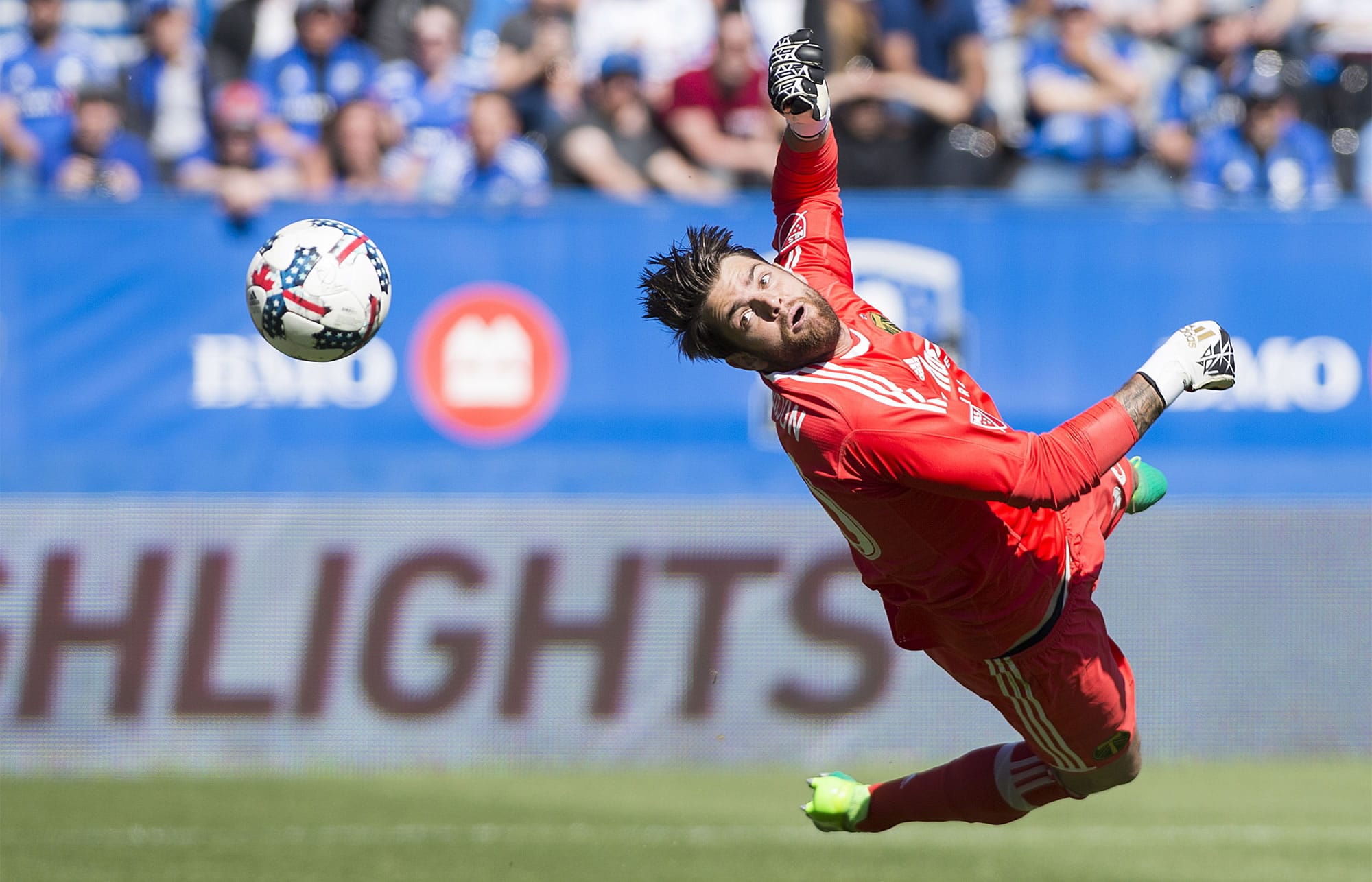 Portland Timbers' goalkeeper Jake Gleeson can't stop a goal by Montreal Impact's Kyle Fisher during the first half of an MLS soccer game in Montreal, Saturday, May 20, 2017.