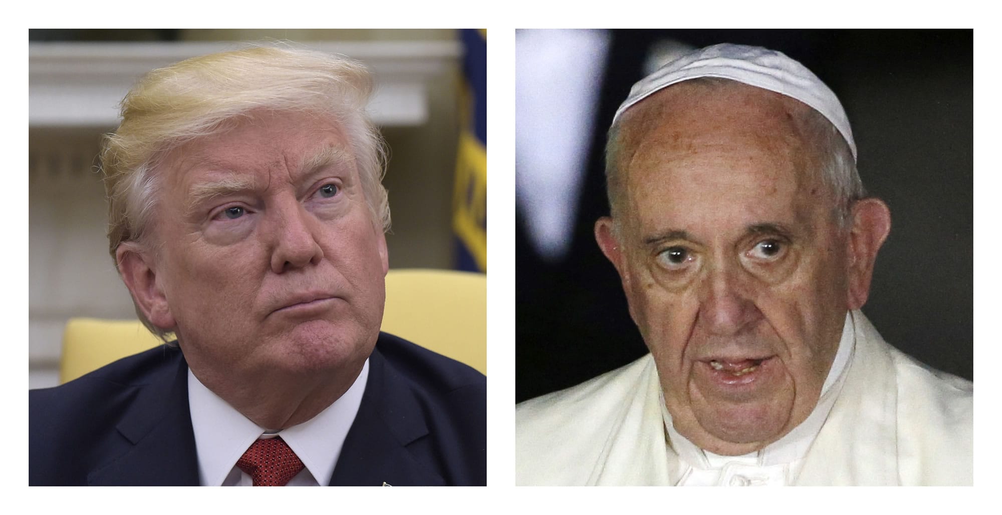 FILE - In this combo of file photos, President Donald Trump and Pope Francis. They are stylistic and strategic opposites, one a bombastic and ostentatious president, the other a modest though worldly wise pontiff. They disagree on global issues ranging from immigration to climate change.