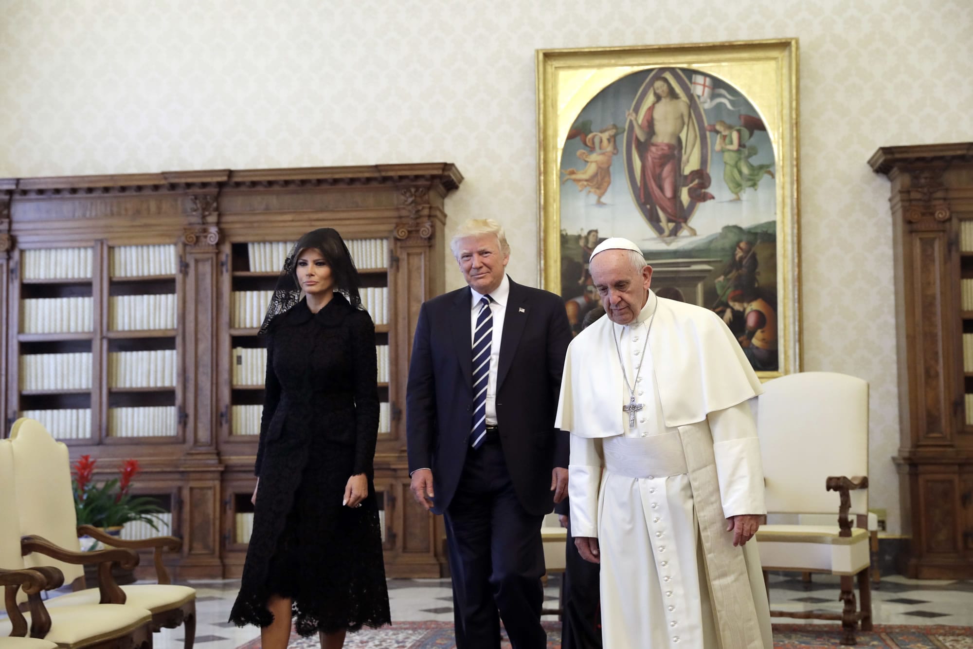 U.S. President Donald Trump and first lady Melania Trump meet with Pope Francis, Wednesday, May 24, 2017, at the Vatican.