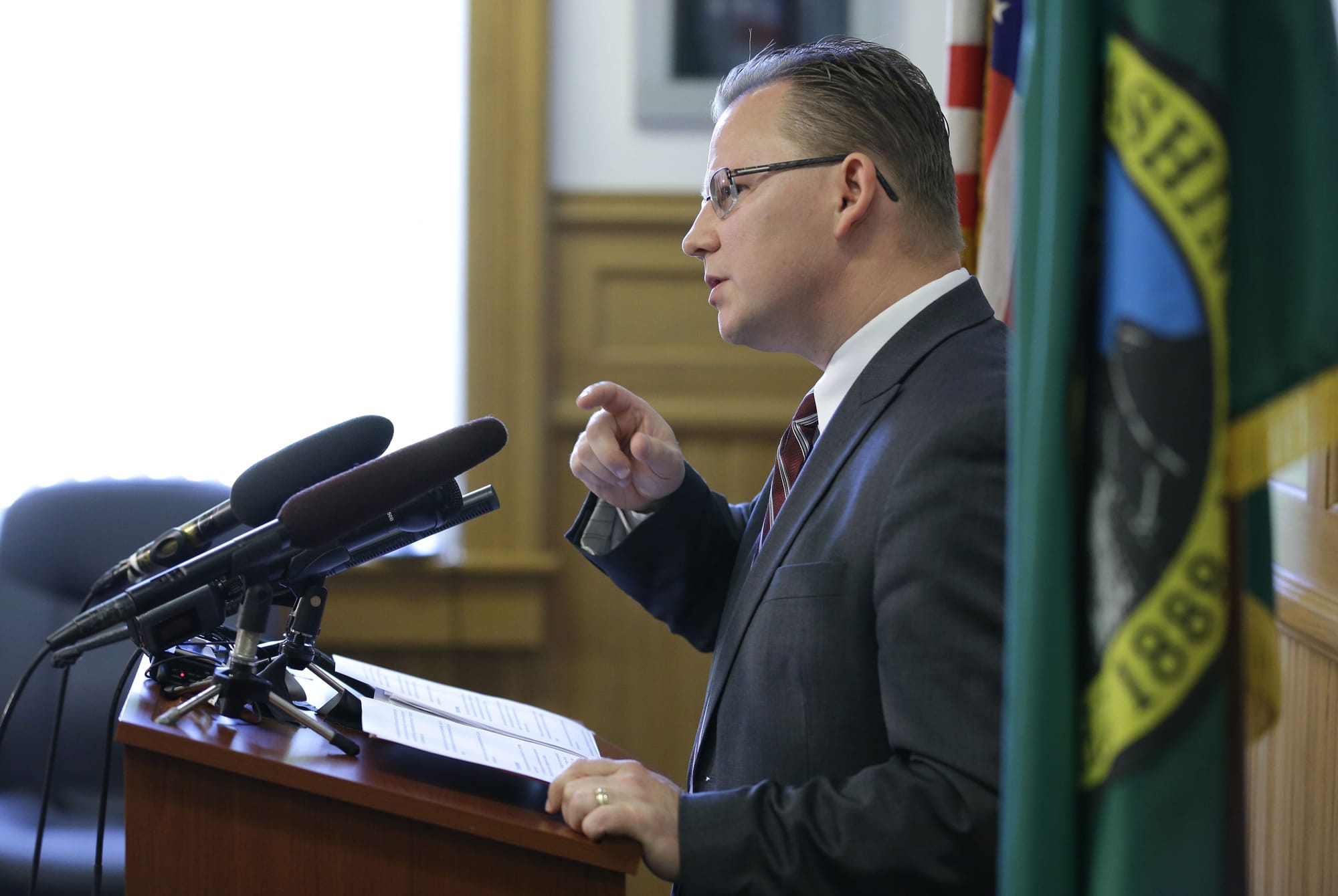 Chris Reykdal, Washington's Superintendent of Public Instruction, talks to reporters, Wednesday, May 24, 2017, in Olympia, Wash. (AP Photo/Ted S.