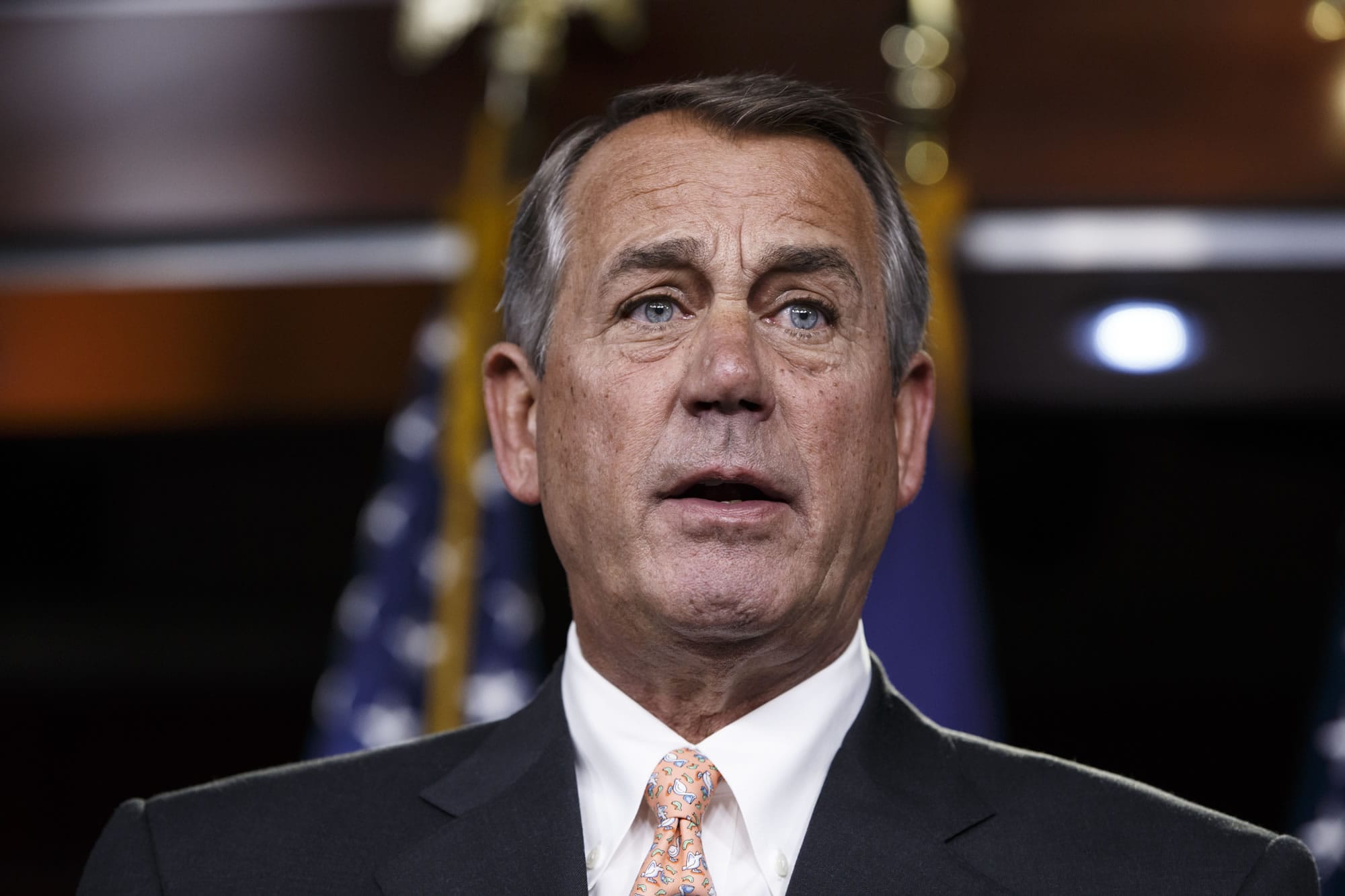In this photo taken Feb. 26, 2015, then House Speaker John Boehner speaks on Capitol Hill in Washington. Boehner says that aside from international affairs and foreign policy, President Donald Trump’s time in office has been a “complete disaster.”  (AP Photo/J.