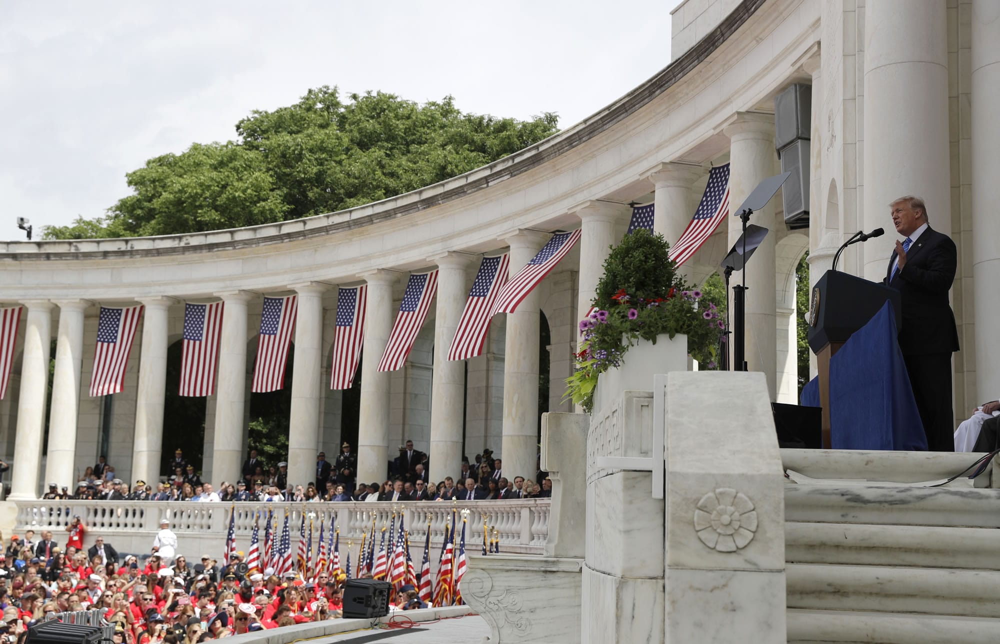President Donald Trump speaks during a Memorial Day ceremony at Arlington National Cemetery, Monday, May 29, 2017, in Arlington, Va.