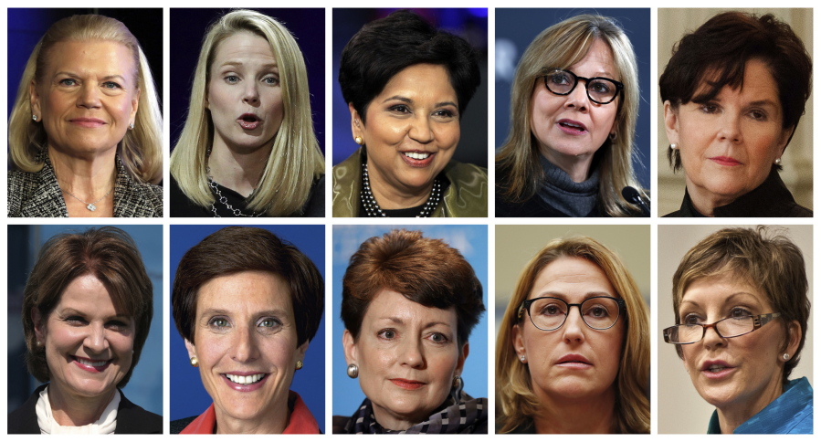 This photo combination of images shows the 10 highest-paid female CEOs in 2016, according to a study carried out by executive compensation data firm Equilar and The Associated Press. Top row, from left: IBM CEO Virginia Rometty; Yahoo CEO Marissa Mayer; PepsiCo CEO Indra Nooyi; General Motors CEO Mary Barra, and General Dynamics CEO Phebe Novakovic. Bottom row, from left: Lockheed Martin CEO Marillyn Hewson; Mondelez International CEO Irene Rosenfeld; Duke Energy CEO Lynn Good; Mylan CEO Heather Bresch; and Reynolds American CEO Susan Cameron.