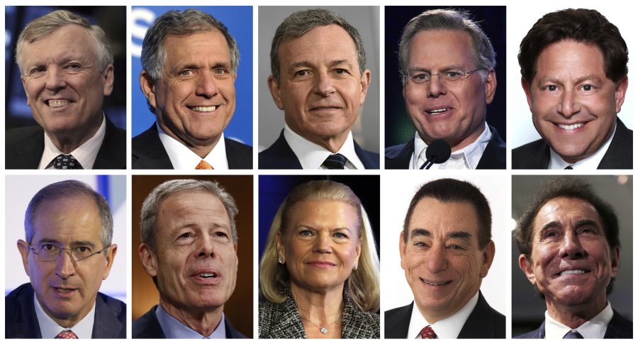 This photo combination of images shows the top 10 highest paid CEOs in 2016, according to a study carried out by executive compensation data firm Equilar and The Associated Press. On top row, from left: Charter Communications CEO Thomas Rutledge; CBS CEO Leslie Moonves; Walt Disney CEO Robert Iger; Discovery Communications CEO David Zaslav; and Activision Blizzard CEO Robert Kotick. On bottom row, from left: Comcast CEO Brian Roberts; Time Warner CEO Jeffrey Bewkes; IBM CEO Virginia Rometty; Regeneron Pharmaceuticals CEO Leonard Schleifer; and Wynn Resorts CEO Stephen Wynn.