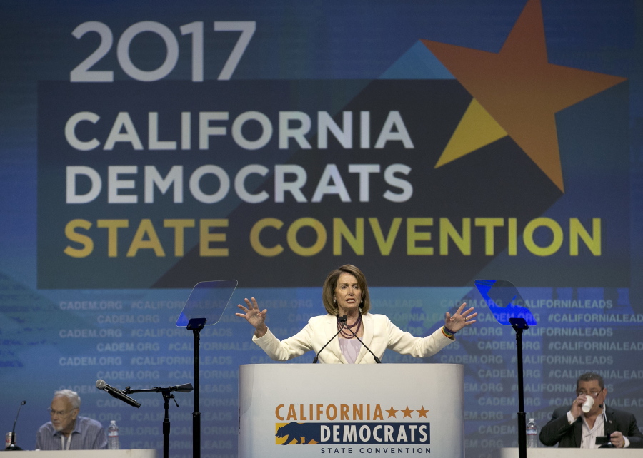 Rep. Nancy Pelosi, D-Calif., speaks during the California Democratic Party Convention on Saturday in Sacramento, Calif.