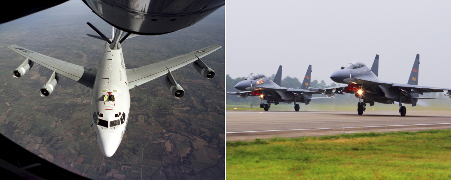This undated combination of photos shows the U.S. Air Force WC-135W Constant Phoenix aircraft during flight, left, and two Chinese SU-30 fighter jets taking off. A pair of Chinese fighter jets conducted an "unprofessional" intercept of an American radiation-sniffing surveillance plane over the East China Sea, the U.S. Air Force said Friday, May 19, 2017, the latest in a series of such incidents that have raised U.S. concerns in an already tense region. (U.S.