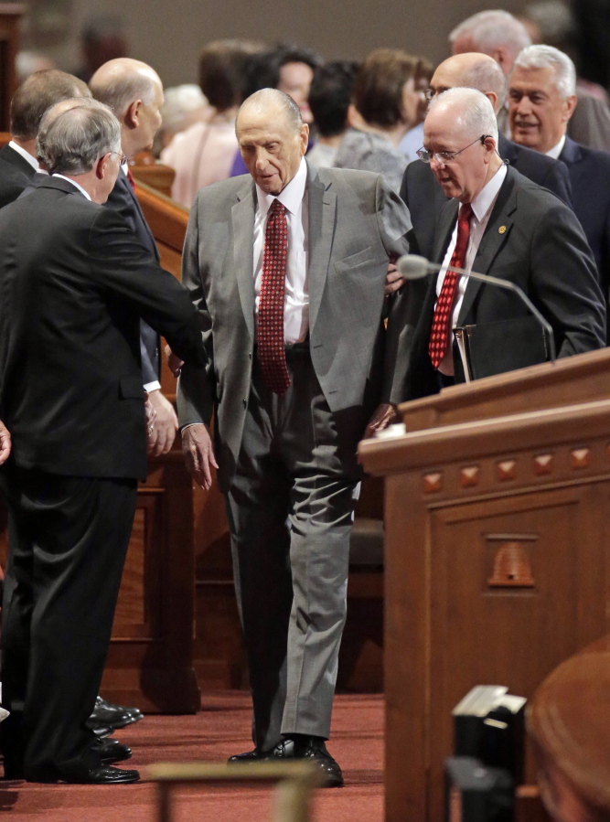 Thomas M. Monson, president of the Church of Jesus Christ of Latter-day Saints, arrives at the two-day Mormon church conference in Salt Lake City on April 1. Mormon officials said Monson is no longer coming to meetings at church offices regularly because of limitations related to his age. Eric Hawkins, a spokesman for The Church of Jesus Christ of Latter-day Saints, said Tuesday, May 23, 2017, in a statement that Monson communicates with fellow leaders on matters as needed.