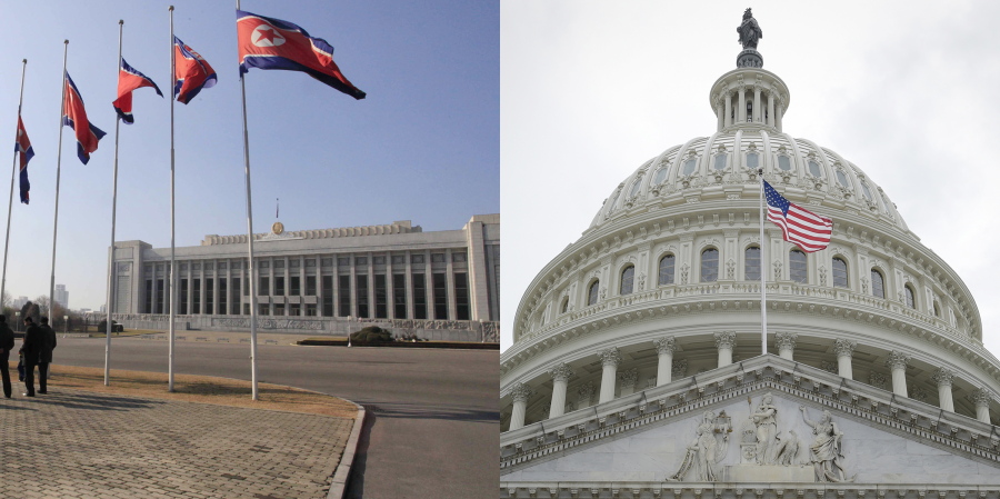 In this combination of file photos, from left to right: Mansudae Assembly Hall, where North Korea’s legislature “the Supreme People’s Assembly” meets is seen in Pyongyang on Nov. 29, 2016; and the U.S. Capitol is seen on May 4, 2017, in Washington. A North Korean parliamentary committee sent a rare letter of protest to the U.S. House of Representatives on Friday, May 12, 2017, over its new package of tougher sanctions.