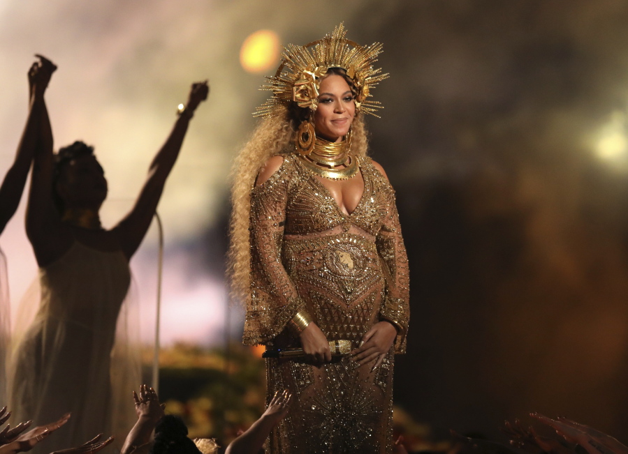 Beyonce performs at the 59th annual Grammy Awards in Los Angeles.