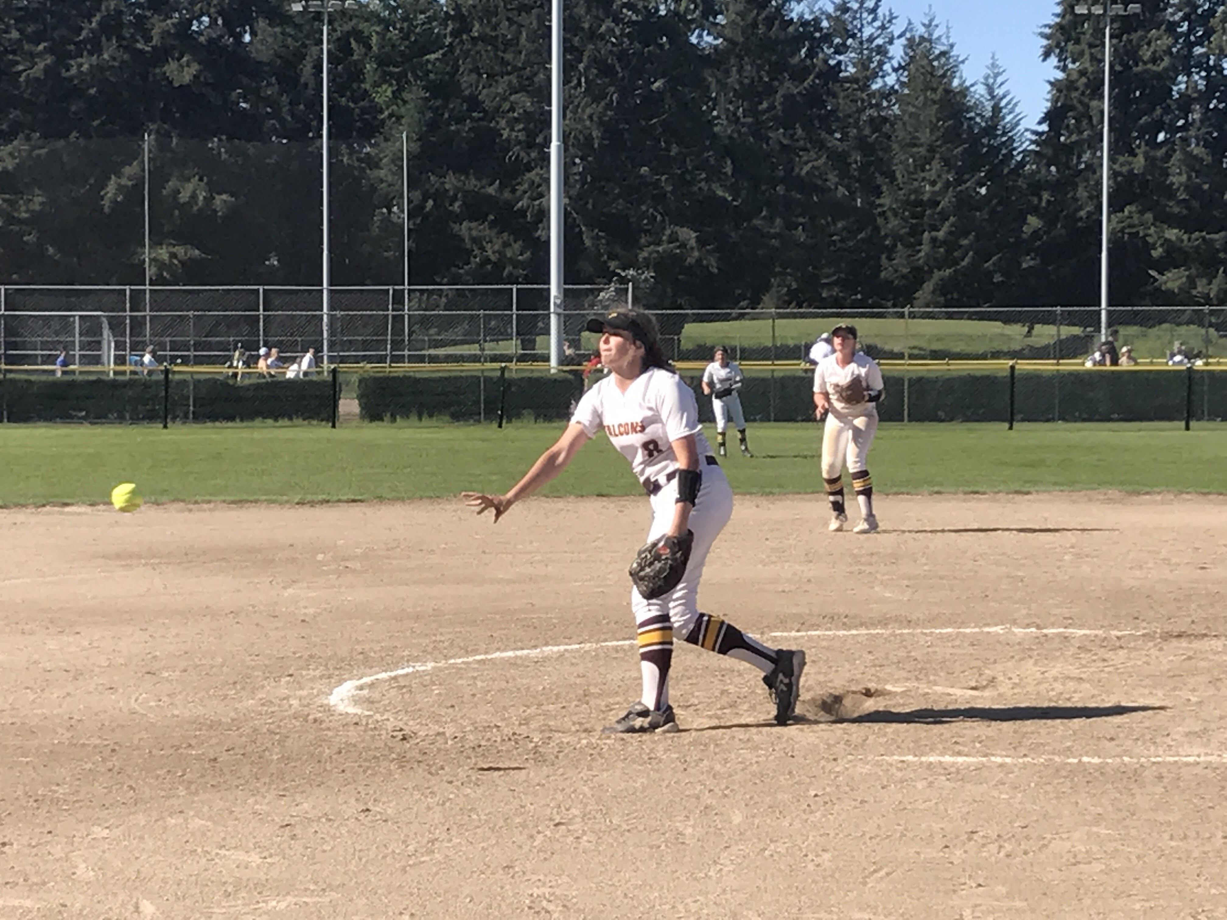 Prairie pitcher Olivia Meyers struck out three and didn't allow a hit in 3 1/3 innings of relief against Gig Harbor in Saturday's 3A bi-district softball game in Spanaway. The Falcons lost 4-1 in the winner-to-state game.