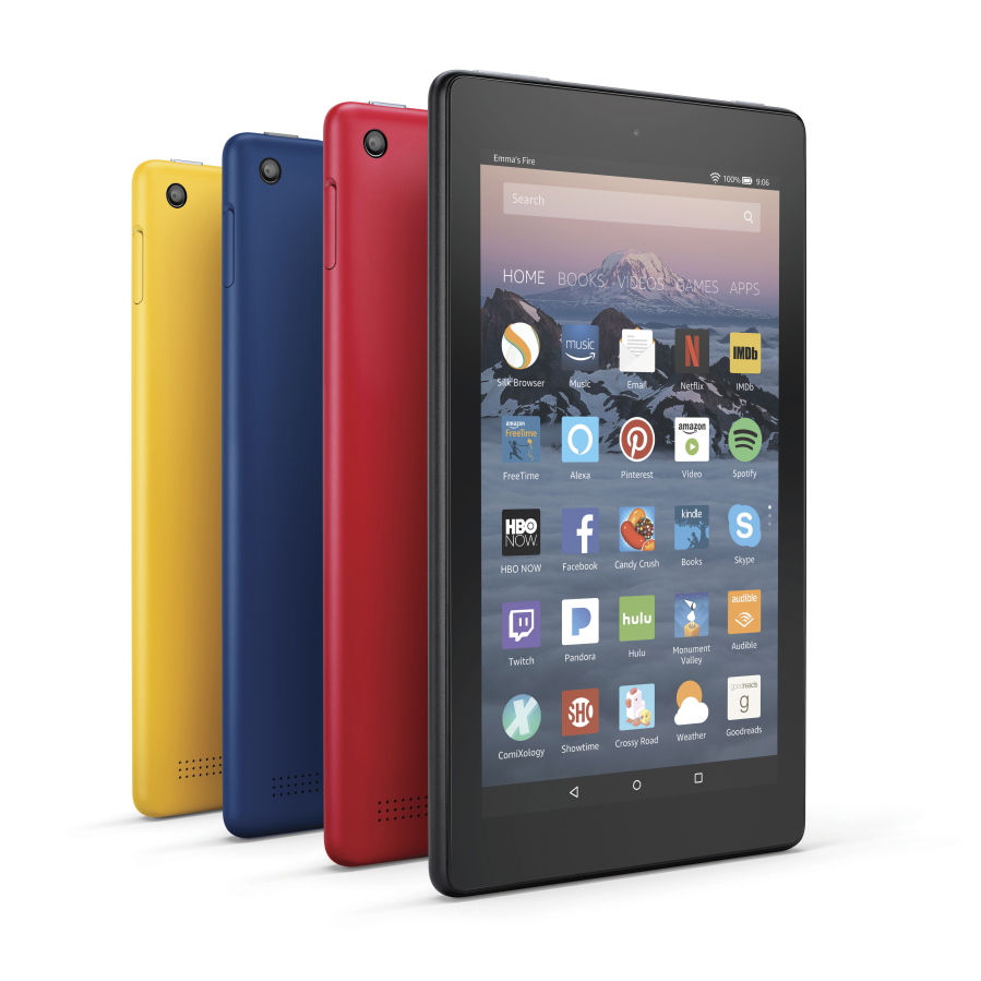 This photo provided by Amazon shows the company's Fire 7 tablet. Amazon has found a niche in the tablet market with lower-cost models, while Apple, Samsung and Microsoft chase professionals with higher-end devices. The Fire 7 comes with AmazonÇƒÙs Alexa voice assistant built-in, allowing people to control lights and household appliances, ask for the news or jokes and check the weather.