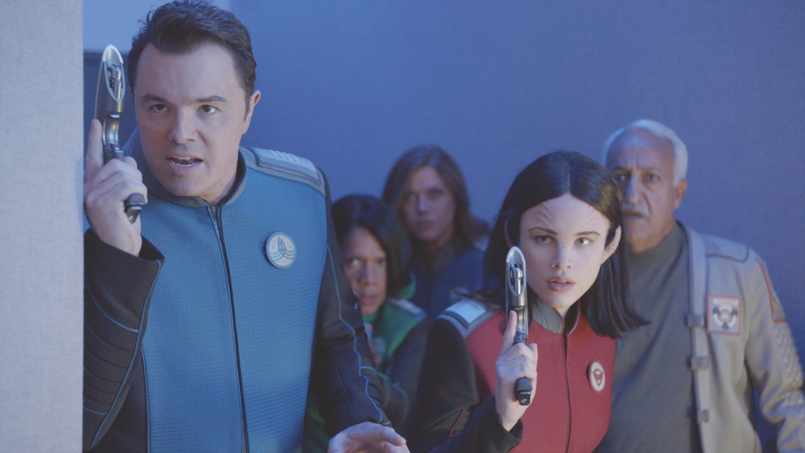 Seth MacFarlane, from left, Penny Johnson Jerald, Adrianne Palicki, Halston Sage and guest star Brian George in a scene from “The Orville.” Fox said May 15 its schedule will include the new space adventure starring and produced by MacFarlane. The series is set 400 years in the future and follows the adventures of an exploratory spaceship.