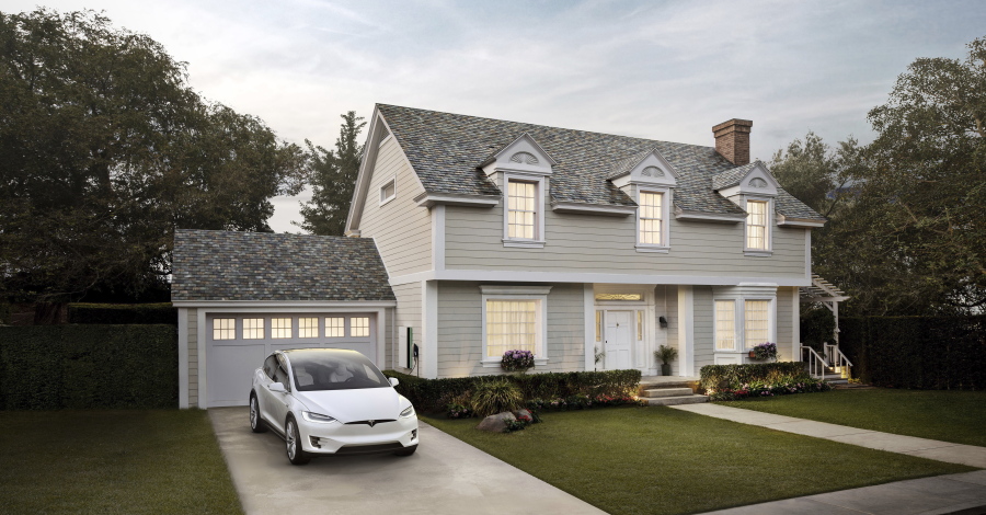 Tesla
A house with Tesla’s new slate solar roof tiles.