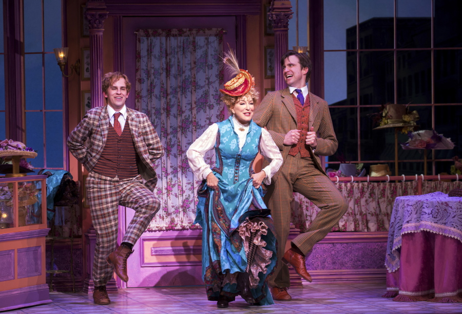 Taylor Trensch, from left, Bette Midler, and Gavin Creel during a performance of &quot;Hello Dolly,&quot; in New York.