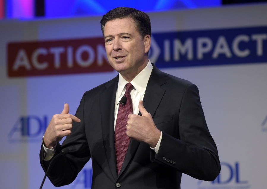 Then-FBI Director James Comey speaks to the Anti-Defamation League National Leadership Summit in Washington on May 8, 2017. The White House is disputing a report that President Donald Trump asked Comey to shut down an investigation into ousted national security adviser Michael Flynn.