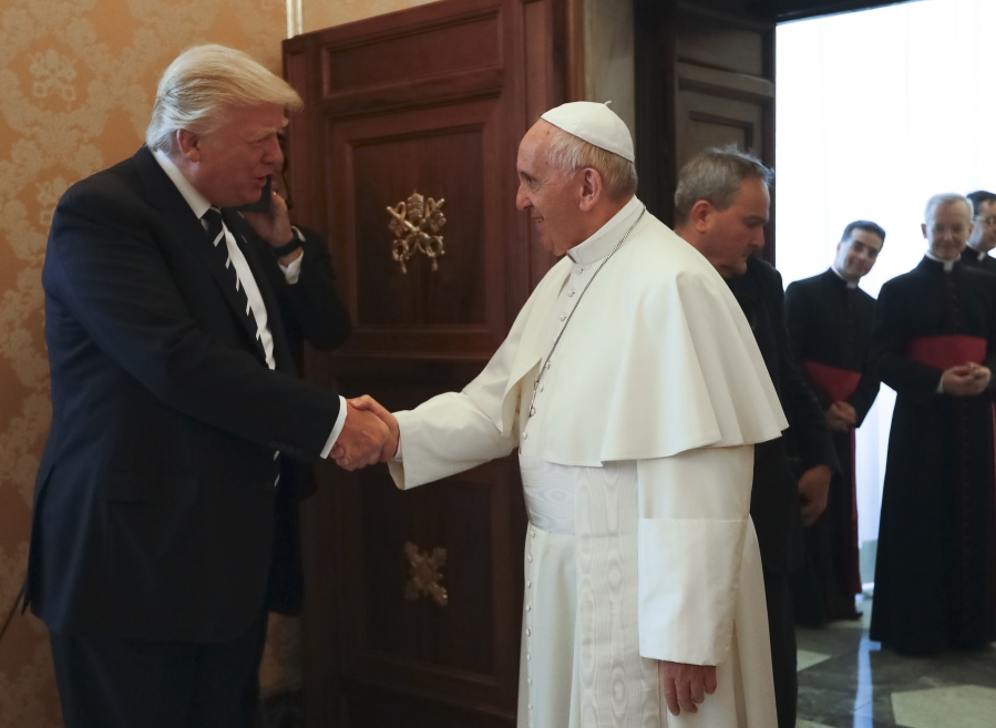 Pope Francis meets with President Donald Trump at the Vatican. When Trump met Pope Francis, the U.S. leader renewed a commitment to fighting global famine and proudly announced a new multimillion-dollar American aid contribution to four African nations in crisis. Left unsaid by the president or the White House: His proposal to slash such funds by more than 40 percent in the next fiscal year.