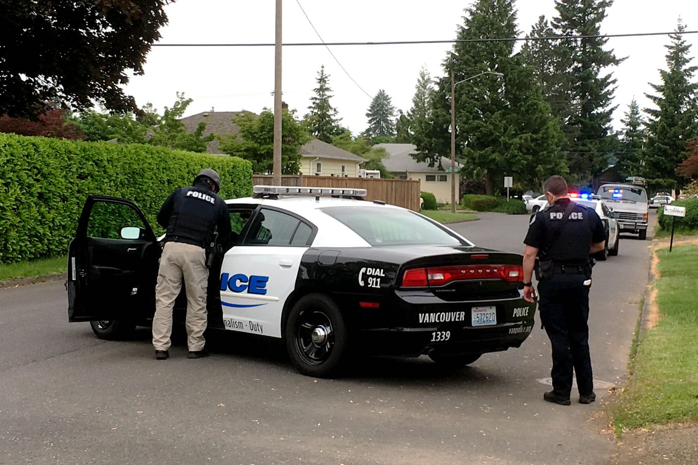 Police investigate a shooting in Vancouver on Monday afternoon. One suspect was taken into custody by police.