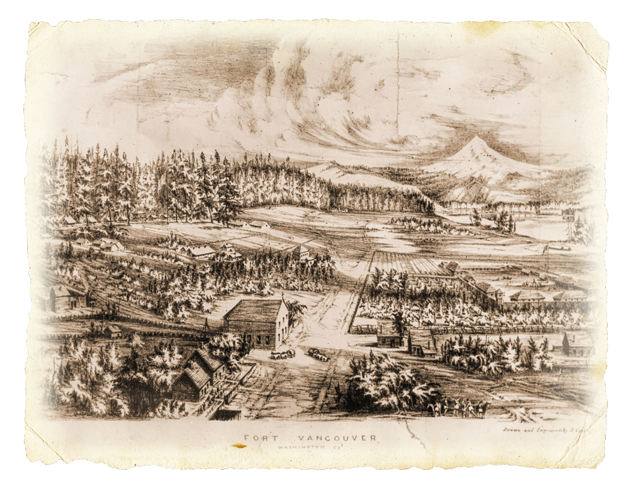 Richard Covington’s 1855 engraving shows Fort Vancouver after it was established on Fort Plain, extending east to the forest.