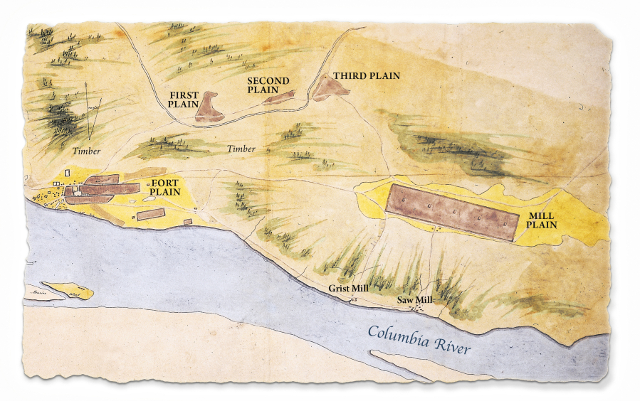 A map showing Fort Vancouver, at lower left, and outlying areas drawn by Richard Covington in 1846 showing several Plains, breaks in the forest cover used for agriculture. Mill Plain is at the far right.