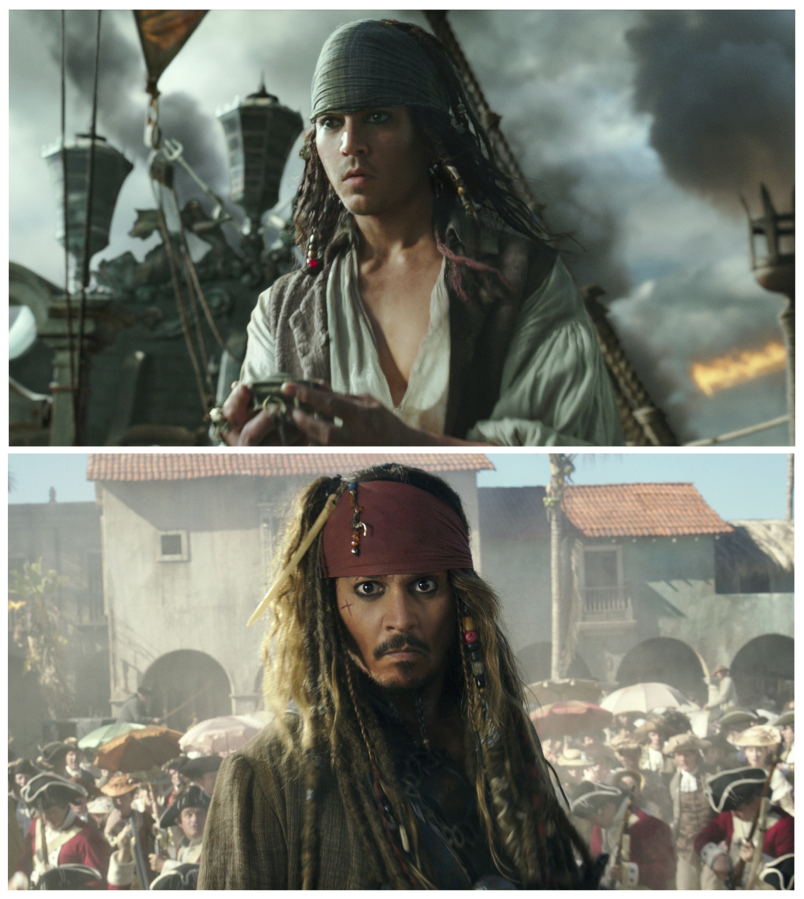 The character Jack Sparrow at two stages of his life in “Pirates of the Caribbean: Dead Men Tell No Tales.” Johnny Depp, who portrays the character, is the latest mega-star to get the drastic de-aging treatment on screen.