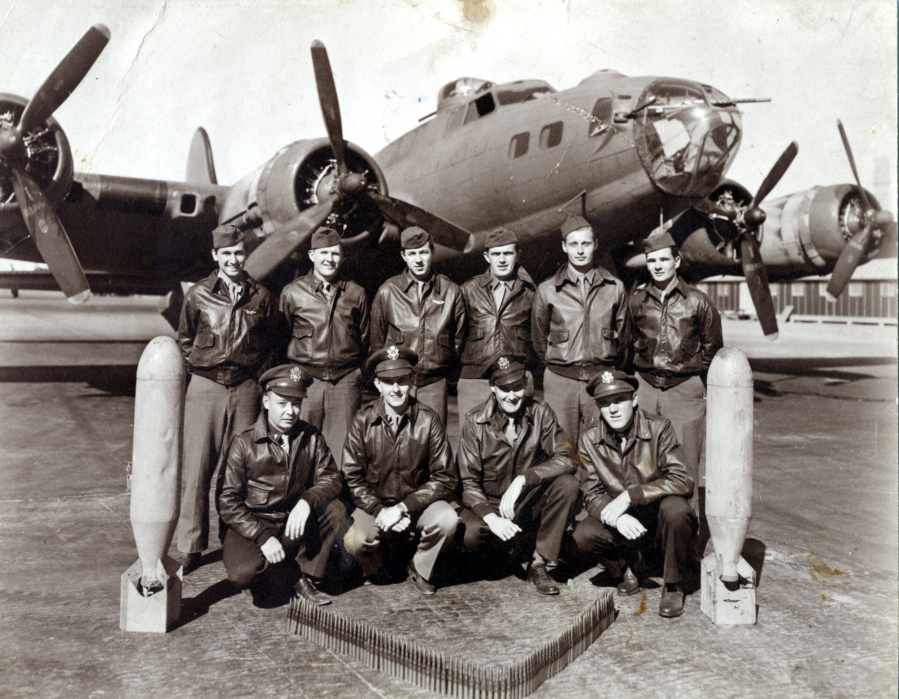 John Luke (back row, third from left) with his B-17 crew in 1944. Luke, a 1942 graduate of Vancouver High School, was drafted during World War II and was credited with 35 missions over Germany.