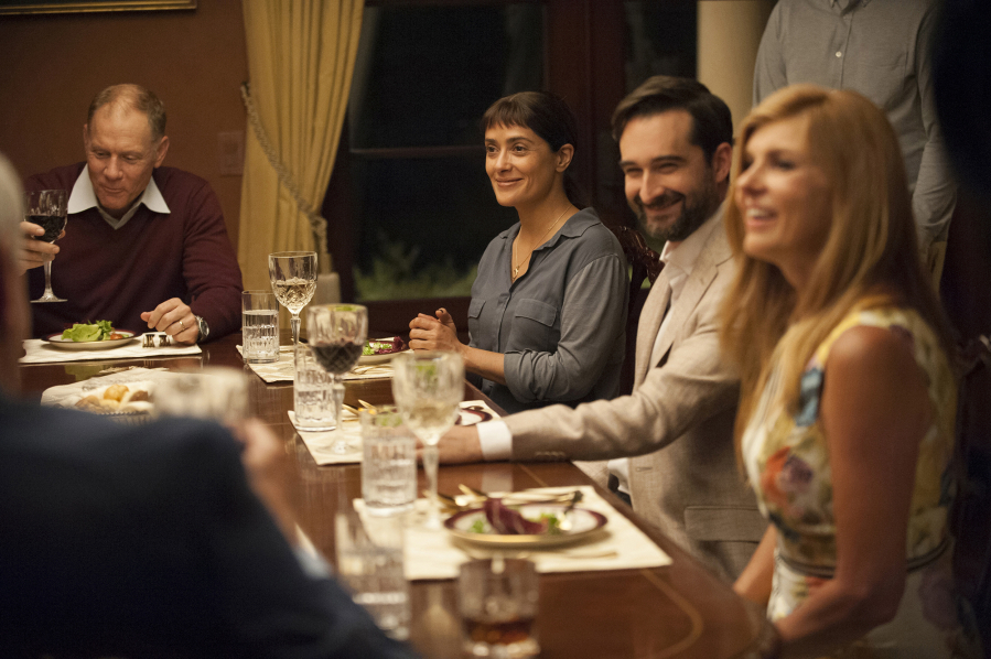 David Warshofsky, from left, Salma Hayek, Jay Duplass and Connie Britton in “Beatriz at Dinner.” Lacey Terrell/Roadside Attractions