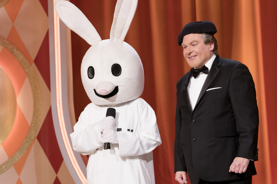 Tommy Maitland (Mike Myers) and Snax the Funny Bunny on “The Gong Show.” Greg Gayne/ABC