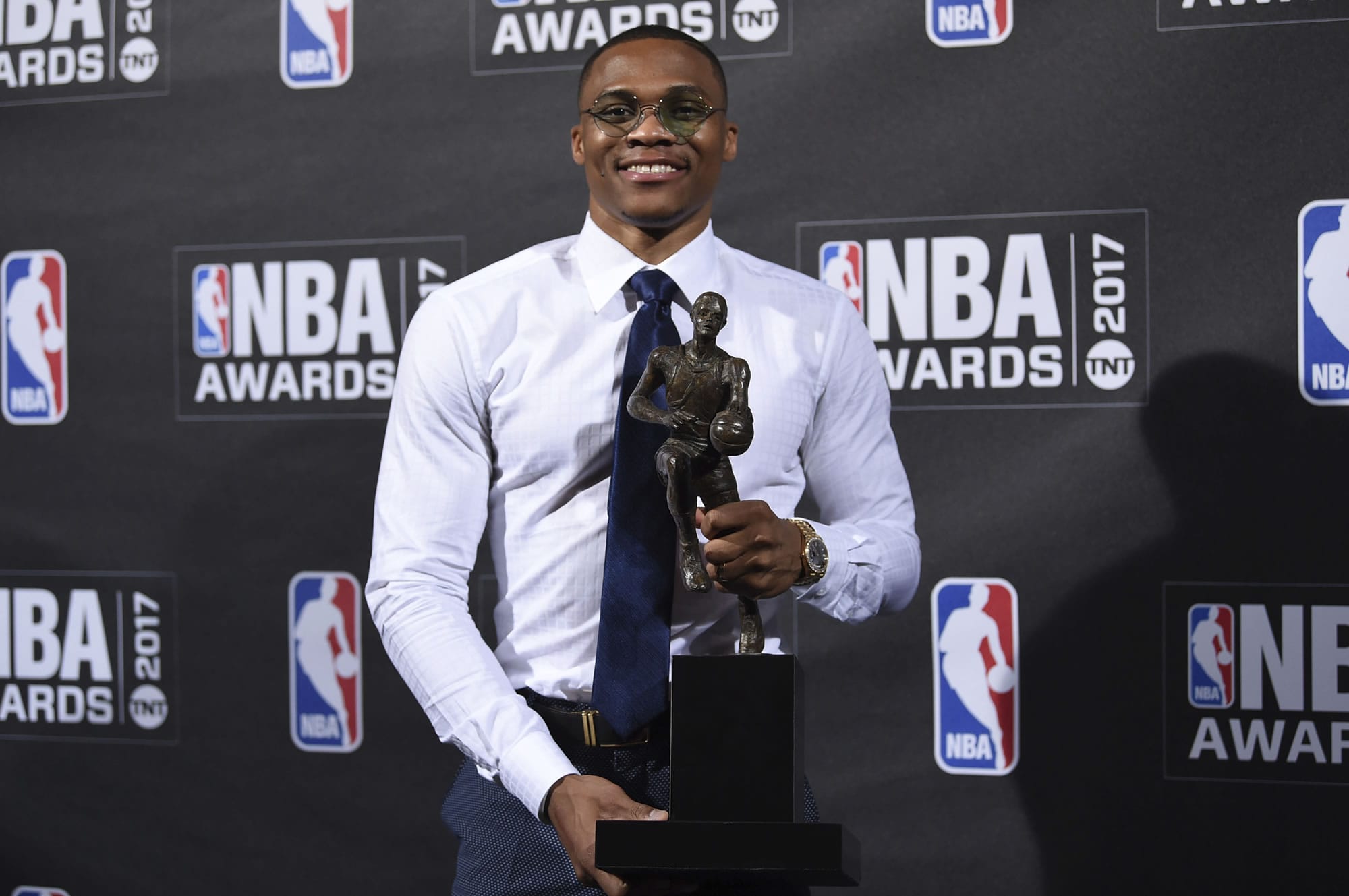 Kia NBA Most Valuable Player, Best Style &amp; Game Winner Award winner, Russell Westbrook, poses in the press room at the 2017 NBA Awards at Basketball City at Pier 36 on Monday, June 26, 2017, in New York.