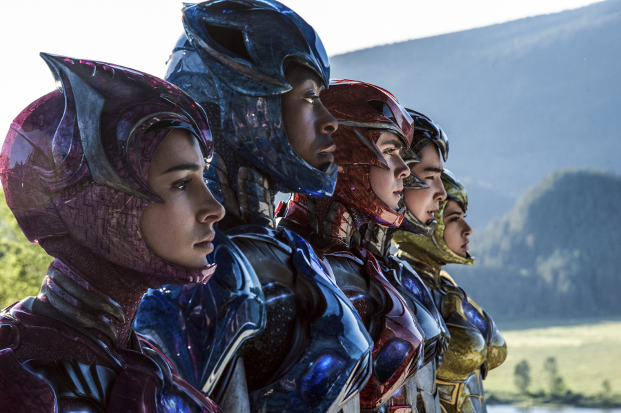 Naomi Scott, from left, RJ Cyler, Dacre Montgomery, Ludi Lin and Becky G appear in a scene from “Power Rangers.” Kimberly French/Lionsgate