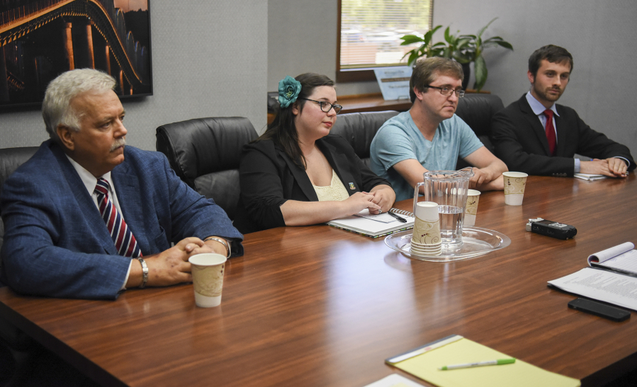 Candidates for Vancouver City Council, Position 1, Scott Campbell, left, Nicolette Horaites, David Roberts and Jacob Kerr meet with the Editorial Board at The Columbian on Friday.