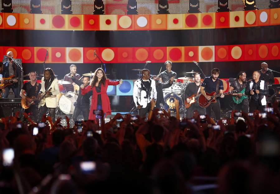 Earth, Wind and Fire and Lady Antebellum perform at the conclusion of the CMT Music Awards at Music City Center on Wednesda in Nashville, Tenn. From left are, Verdine White, Hillary Scott, Philip Bailey Jr., Dave Haywood and Ralph Johnson.