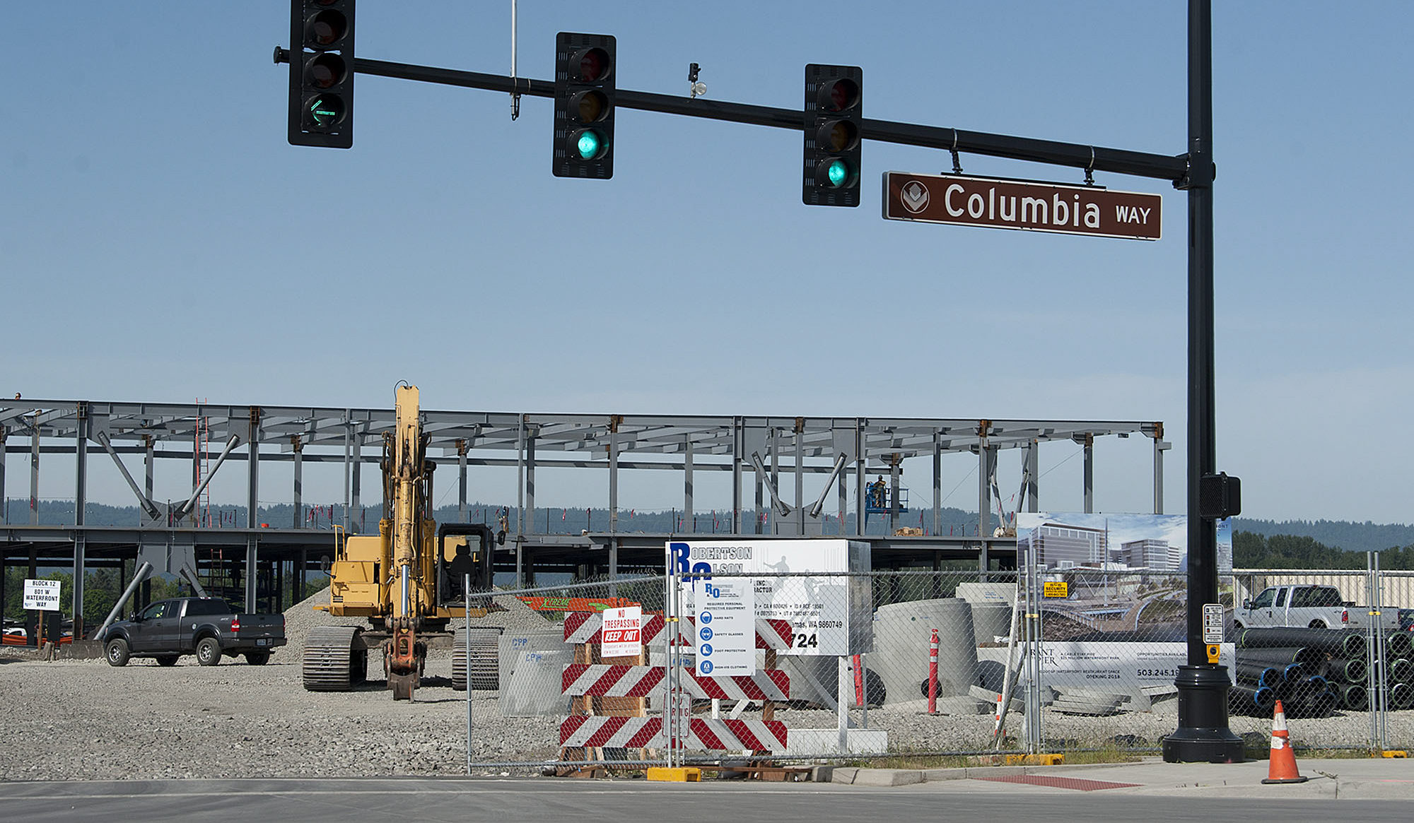 Construction at the Vancouver Waterfront continues at the intersection of Columbia Way and Grant Street on Tuesday morning, June 6, 2017.
