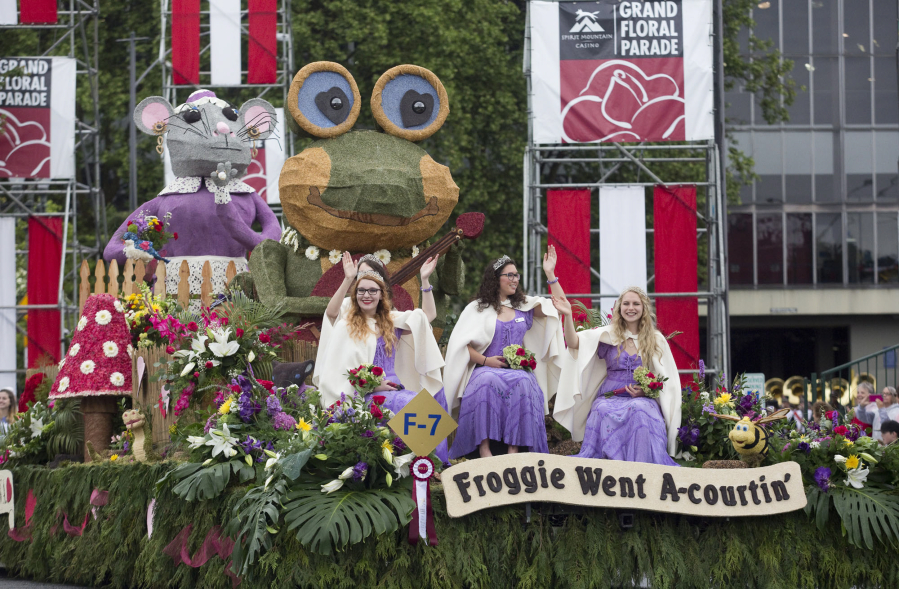 The 2017 Battle Ground Rose Float takes part in Portland Rose Festival's Grand Floral Parade in downtown Portland.