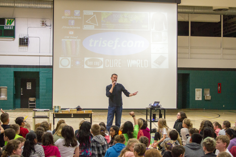 Woodland: Author Chad Trisef visited Woodland Middle School last month and talked to students during two assemblies about the series of books, “Oracle,” that he writes with his brother to promote childhood reading.
