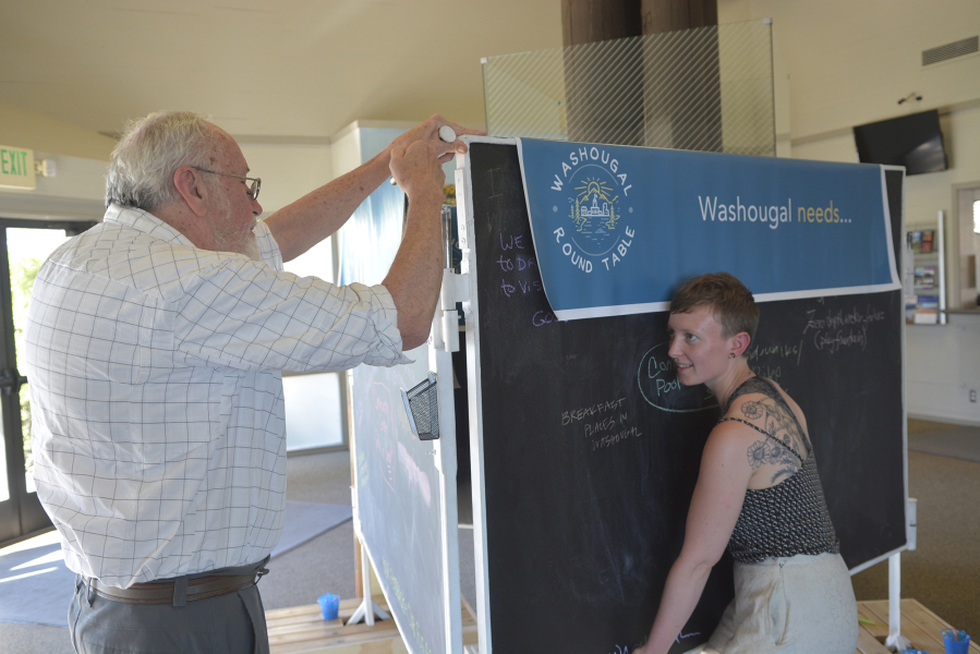 Washougal Round Table members Wayne Pattison, left and Alex Yost open up the Washougal Conversation Board, where they are asking residents what they like about the city and what they think Washougal needs.