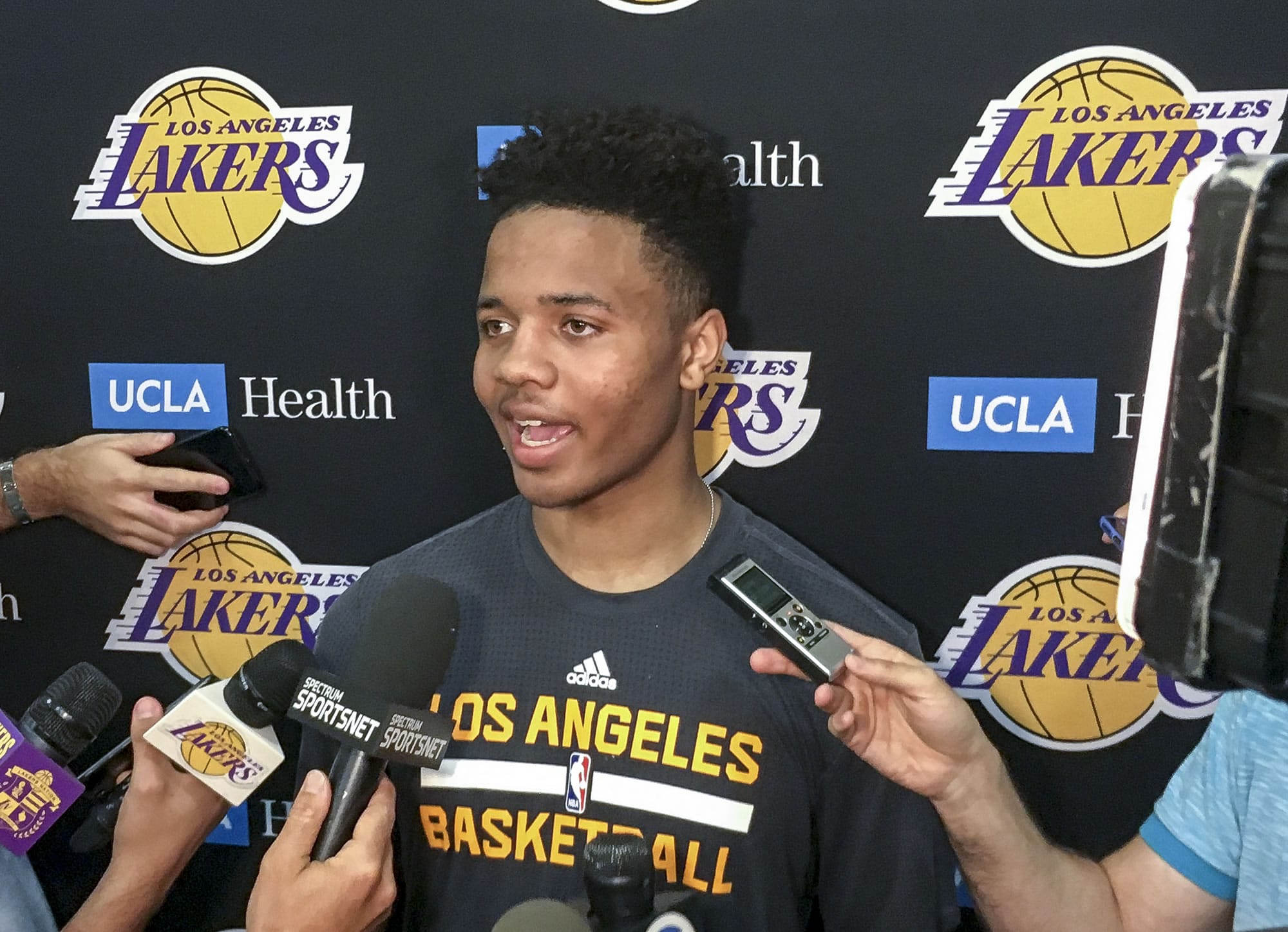 Markelle Fultz speaks with reporters after his private workout with the Los Angeles Lakers. Fultz is expected to be a top pick at the NBA Draft on Thursday, June 22.