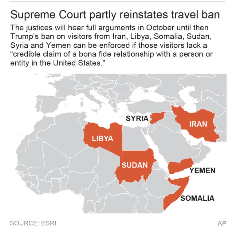 Map locates the countries included in Trump’s travel ban; 2c x 3 inches; 96.3 mm x 76 mm;