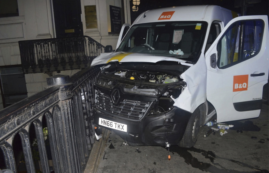 This photo made available Saturday by the Metropolitan Police shows the van used in the London Bridge attacks. The ringleader of the terror gang tried to hire a larger truck hours before the attack, police have revealed, but his payment did not go through.