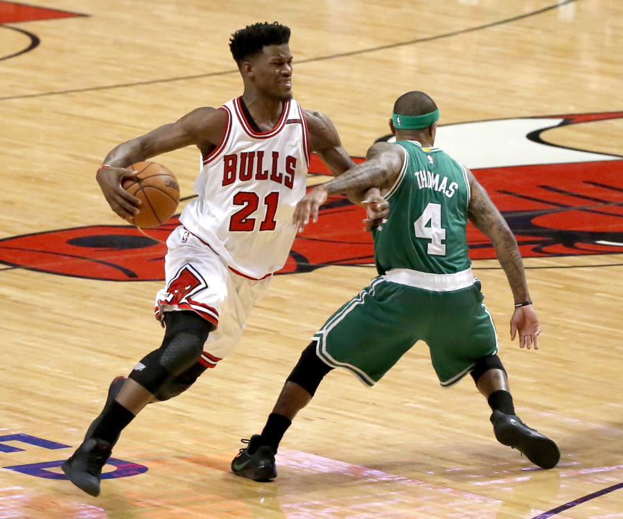Chicago Bulls’ Jimmy Butler (21) and the 16th overall pick was traded to the Minnesota Timberwolves for Zach LaVine, Kris Dunn and the No. 7 overall draft pick.