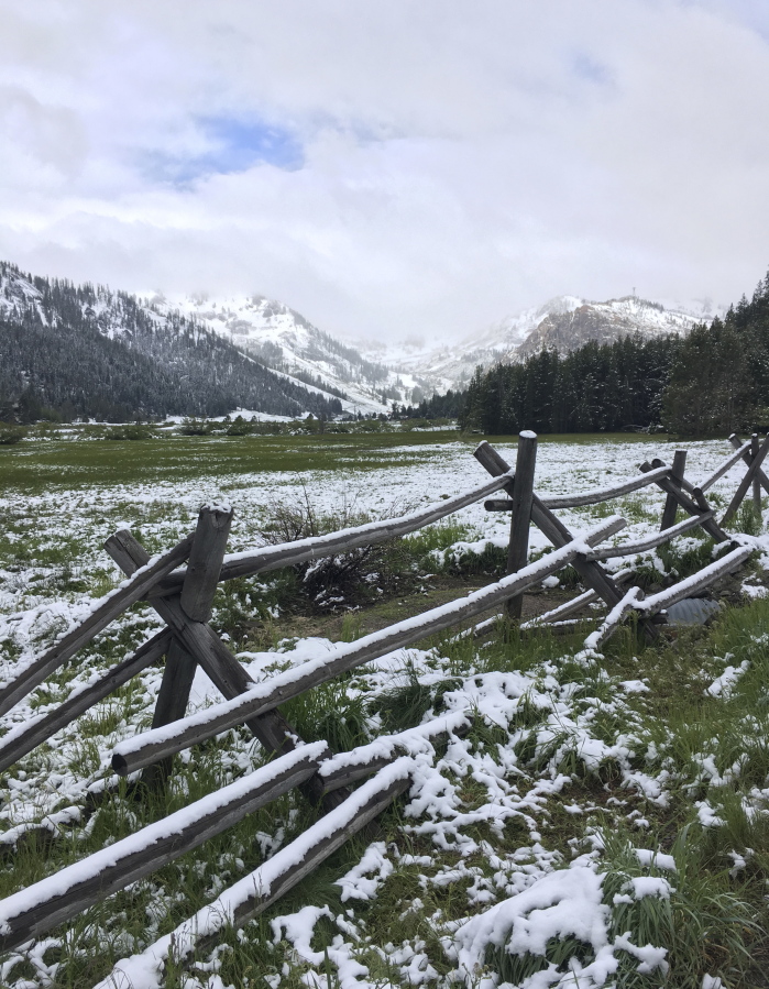 Snow is seen near the Squaw Valley ski resort on Monday in Olympic Valley, Calif. A rare winter-like storm brought more snow to the Sierra Nevada on Monday, giving skiers the opportunity to enjoy the slopes as summer gets underway.