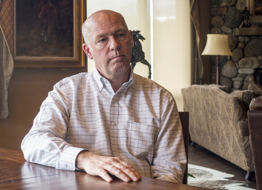 Rep.-elect Greg Gianforte responds to questions at his home in Bozeman, Mont., about an election-eve confrontation with a reporter.