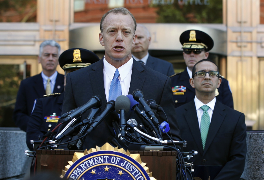Federal Bureau of Investigation Washington Field Office, Special Agent in Charge Timothy Slater, with FBI Washington Field Office Assistant Director in Charge Andrew Vale, right, speaks to reporters outside the FBI Washington Field Office, Wednesday, June 21, 2017 in Washington, during a news conference about the investigative findings to date in the shooting that occurred at Eugene Simpson Stadium Park in Alexandria, Va. on Wednesday, June 14, 2017.