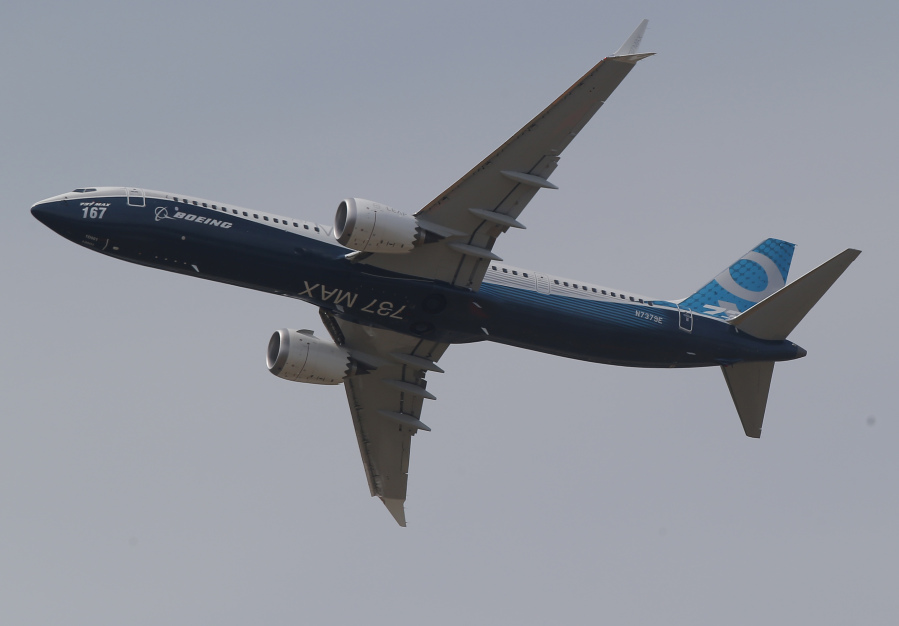 A Boeing 737 MAX 9 performs a demonstration flight at the Paris Air Show on Tuesday in Le Bourget, east of Paris.