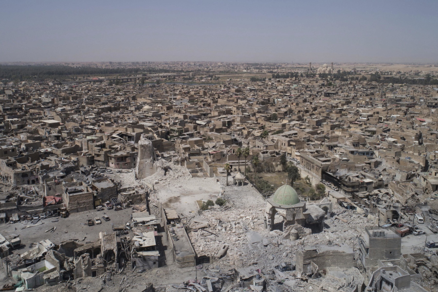 An aerial view of the destroyed landmark al-Nuri mosque in the Old City of Mosul, Iraq. Abdul Wahab al-Saadi, an Iraqi commander said Thursday, June 29, 2017, that his forces have taken the al-Nuri Mosque compound that was destroyed by the Islamic State group last week. Al-Saadi said special forces entered the compound and took control of the surrounding streets on Thursday afternoon, following a dawn push into the area.