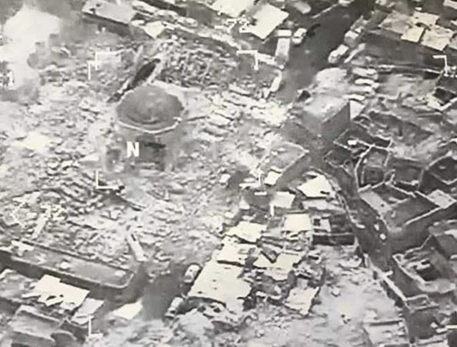 This image provided by U.S. CENTCOM shows al-Nuri mosque destroyed by the Islamic State group, in Mosul, Iraq, Wednesday, June 21, 2017. The Islamic State group destroyed the mosque and its iconic leaning minaret known as al-Hadba when fighters detonated explosives inside the structures Wednesday night, Iraq's Ministry of Defense said. Iraqi Prime Minister Haider al-Abadi tweeted early Thursday, June 22, 2017 that the destruction was an admission by the militants that they are losing the fight for Iraq's second-largest city. (U.S.