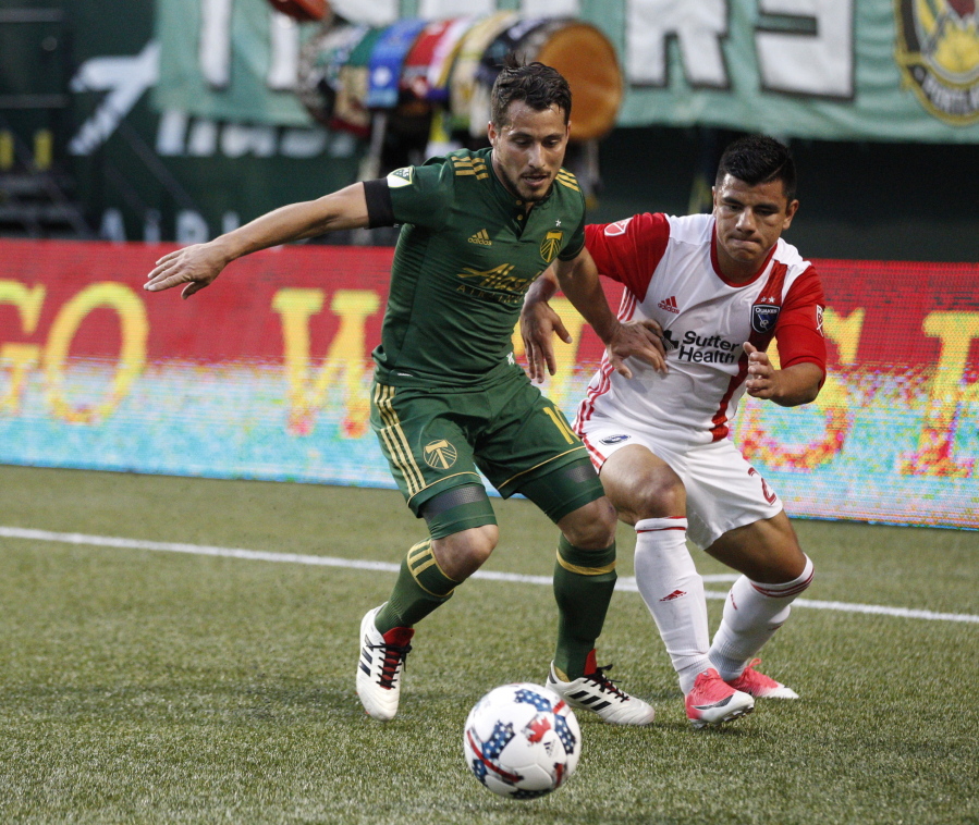 Portland Timbers' Sebastian Blanco (10) tries to hold possession against San Jose Earthquakes' Nick Lima during an MLS soccer match in Portland, Ore., Friday, June 2, 2017.