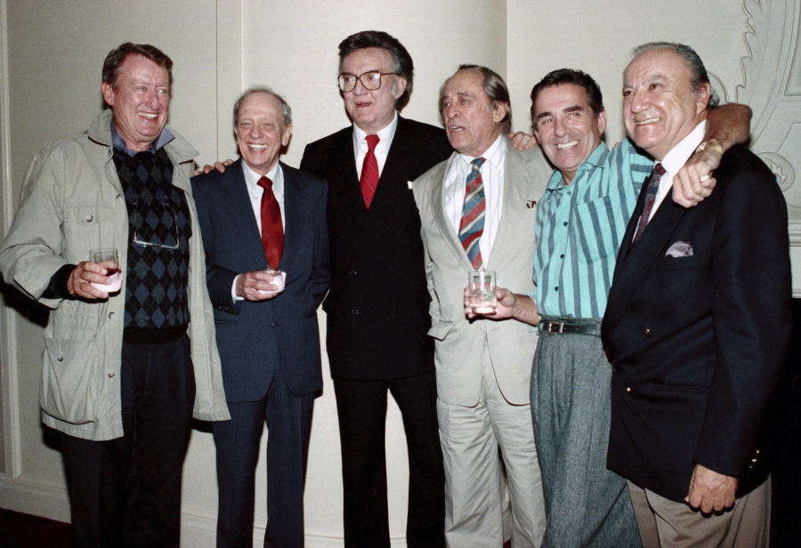 Steve Allen, third from left, and some of the original cast members of the popular 1950s television show, “Steve Allen Show,” from left in October 1990: Tom Poston, Don Knotts, Allen, Louis Nye, Pat Harrington Jr., and Bill Dana appear in Beverly Hills, Calif. Dana, a comedy writer and performer who won stardom in the 1950s and ’60s with his character Jose Jimenez, has died. He died Thursday, June 15, 2017, at his home in Nashville, Tenn., according to Emerson College, his alma mater. He was 92.