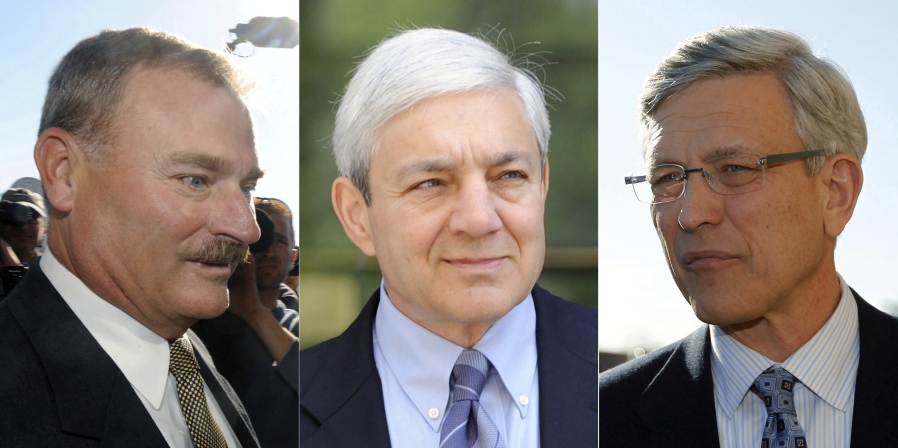 Former Penn State Vice President Gary Schultz, from left, former Penn State President Graham Spanier, and former Penn State athletic director Tim Curley were sentenced Friday to at least two months in jail for failing to report a child sexual abuse allegation against Jerry Sandusky a decade before his arrest engulfed the university in scandal and brought down football coach Joe Paterno.