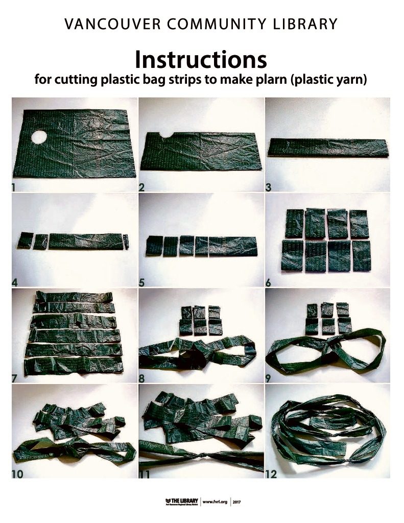 Instructions for cutting plastic bag strips to make plarn (plastic yarn) PDF